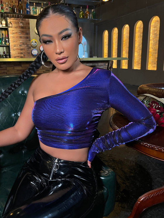 SXY One Shoulder Ruched Metallic Crop Top