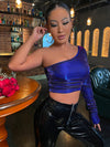 SXY One Shoulder Ruched Metallic Crop Top