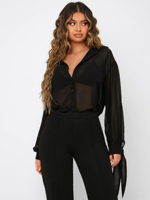  Knot Sheer Drop Shoulder Chiffon Shirt