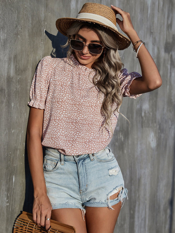 Frill Trim Leopard Print Puff Sleeve Top