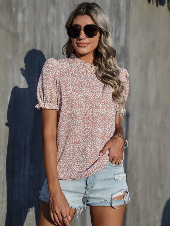 Frill Trim Leopard Print Puff Sleeve Top