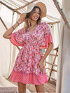 Deep V Neck Floral Print Batwing Sleeve Dress