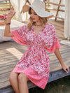Deep V Neck Floral Print Batwing Sleeve Dress