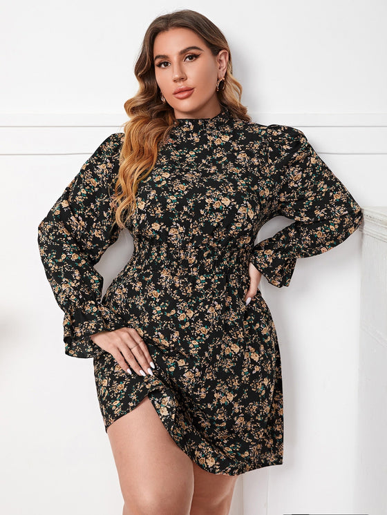 Plus Floral Print Flounce Sleeve Shirred Waist Frilled Neck Dress
