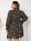 Plus Floral Print Flounce Sleeve Shirred Waist Frilled Neck Dress