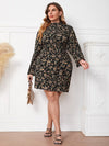 Plus Floral Print Flounce Sleeve Shirred Waist Frilled Neck Dress