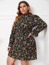 Plus Floral Print Flounce Sleeve Shirred Waist Frilled Neck Dress