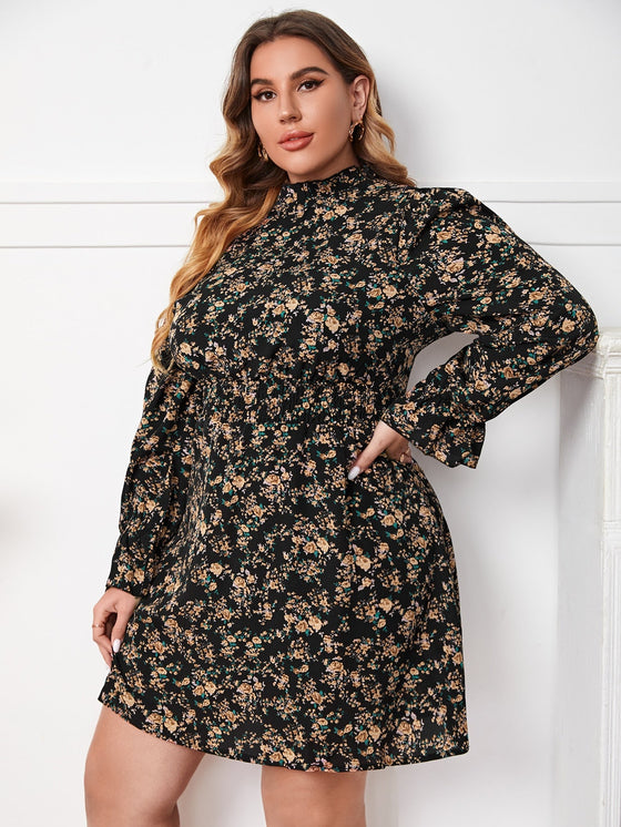 Plus Floral Print Flounce Sleeve Shirred Waist Frilled Neck Dress