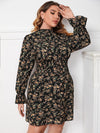 Plus Floral Print Flounce Sleeve Shirred Waist Frilled Neck Dress