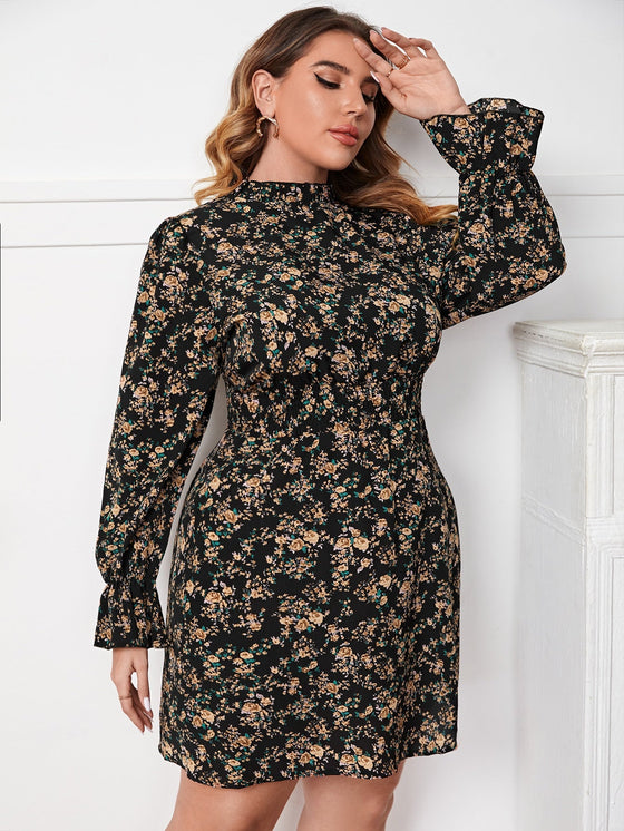 Plus Floral Print Flounce Sleeve Shirred Waist Frilled Neck Dress