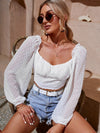 Swiss Dot Ruched Bust Frilled Lantern Sleeve Crop Chiffon Blouse