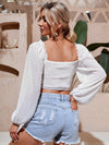 Swiss Dot Ruched Bust Frilled Lantern Sleeve Crop Chiffon Blouse