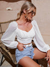 Swiss Dot Ruched Bust Frilled Lantern Sleeve Crop Chiffon Blouse