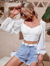 Swiss Dot Ruched Bust Frilled Lantern Sleeve Crop Chiffon Blouse