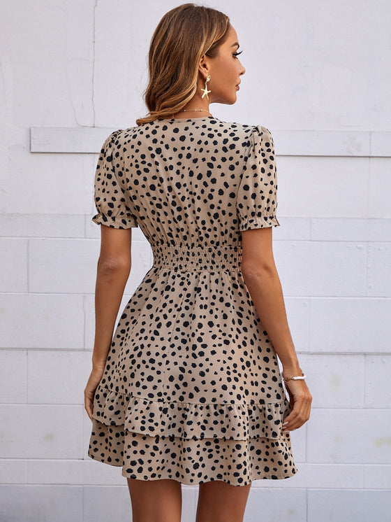 Dalmatian Print Shirred Waist Layered Hem Dress