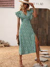 Ditsy Floral Print Ruffle Trim Split Thigh Dress