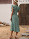 Ditsy Floral Print Ruffle Trim Split Thigh Dress