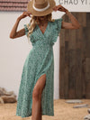 Ditsy Floral Print Ruffle Trim Split Thigh Dress