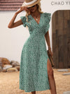 Ditsy Floral Print Ruffle Trim Split Thigh Dress