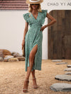 Ditsy Floral Print Ruffle Trim Split Thigh Dress