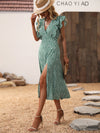 Ditsy Floral Print Ruffle Trim Split Thigh Dress
