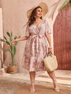Plus Floral Print Ruffle Hem Butterfly Sleeve Belted Dress