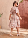 Plus Floral Print Ruffle Hem Butterfly Sleeve Belted Dress