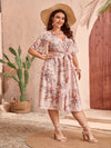 Plus Floral Print Ruffle Hem Butterfly Sleeve Belted Dress