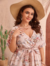 Plus Floral Print Ruffle Hem Butterfly Sleeve Belted Dress