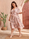 Plus Floral Print Ruffle Hem Butterfly Sleeve Belted Dress