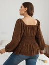 Plus Leopard Print Lantern Sleeve Shirred Peplum Blouse