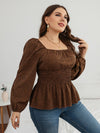 Plus Leopard Print Lantern Sleeve Shirred Peplum Blouse