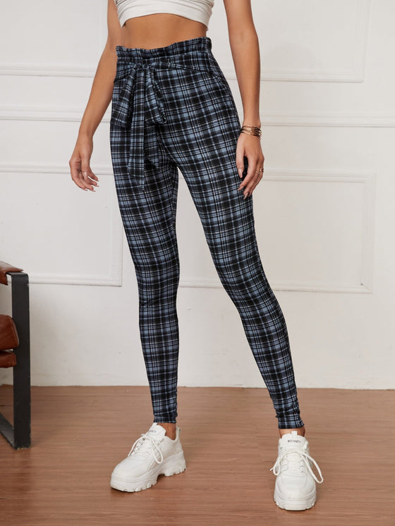 Tall Plaid Print Belted Skinny Pants