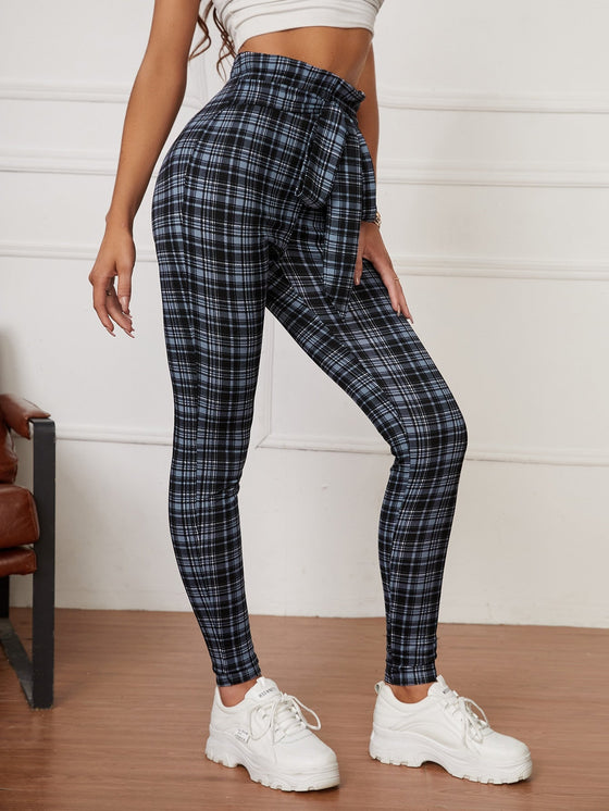 Tall Plaid Print Belted Skinny Pants