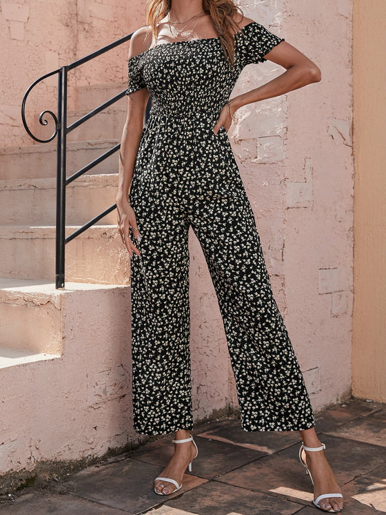 Ditsy Floral Off Shoulder Shirred Jumpsuit