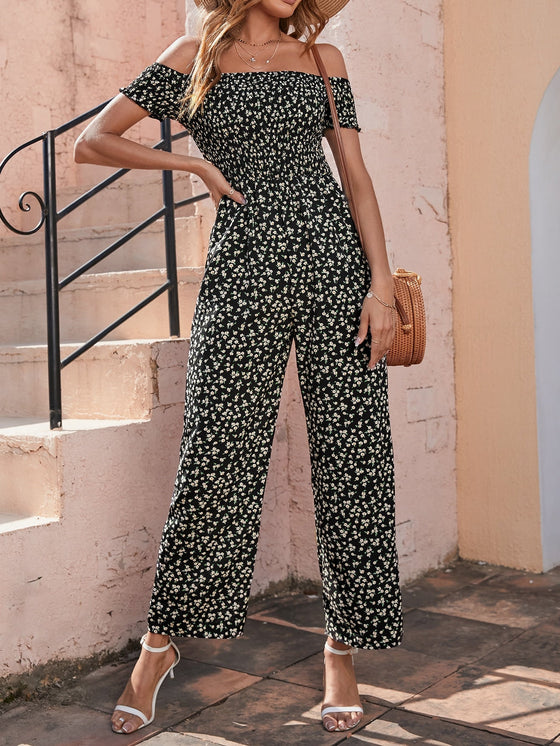 Ditsy Floral Off Shoulder Shirred Jumpsuit