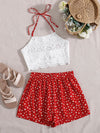 Scallop Trim Tie Back Crop Halter Top Ditsy Floral print Shorts
