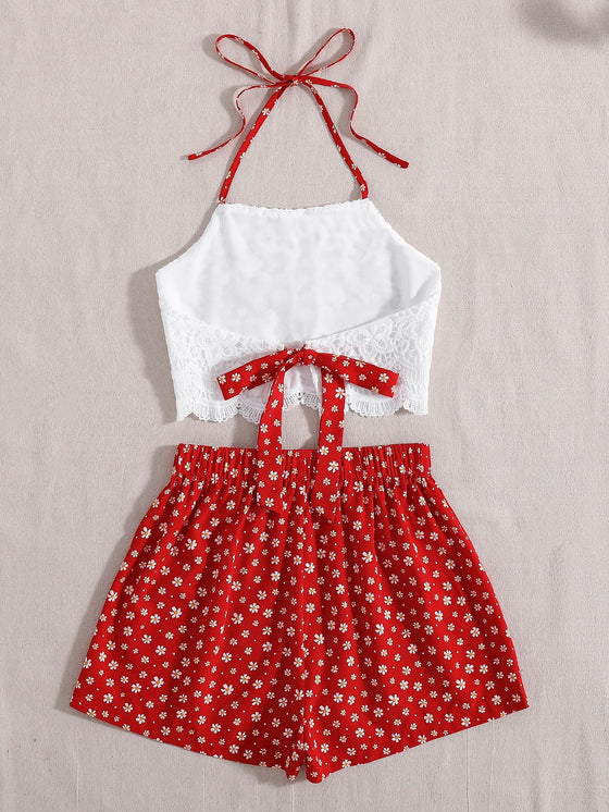 Scallop Trim Tie Back Crop Halter Top Ditsy Floral print Shorts