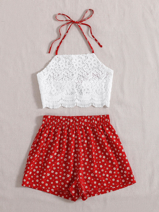 Scallop Trim Tie Back Crop Halter Top Ditsy Floral print Shorts