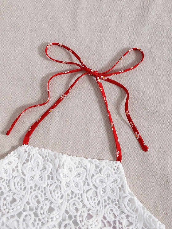 Scallop Trim Tie Back Crop Halter Top Ditsy Floral print Shorts