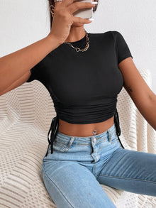  PETITE Drawstring Side Ribbed Knit Crop Tee