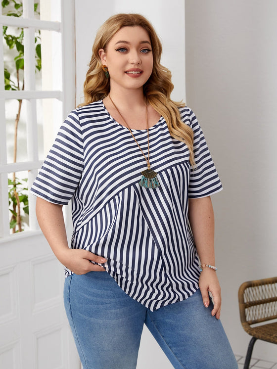 EMERY ROSE Plus Drop Shoulder Striped Pattern Asymmetrical Hem Top