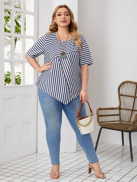 EMERY ROSE Plus Drop Shoulder Striped Pattern Asymmetrical Hem Top