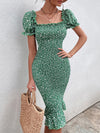 Ditsy Floral Puff Sleeve Shirred Bodycon Dress