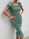 Ditsy Floral Puff Sleeve Shirred Bodycon Dress