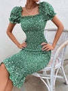 Ditsy Floral Puff Sleeve Shirred Bodycon Dress