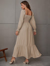 Square Neck Shirred Ruffle Hem Dress