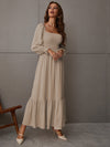 Square Neck Shirred Ruffle Hem Dress
