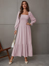 Square Neck Shirred Ruffle Hem Dress