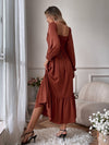 Square Neck Shirred Ruffle Hem Dress